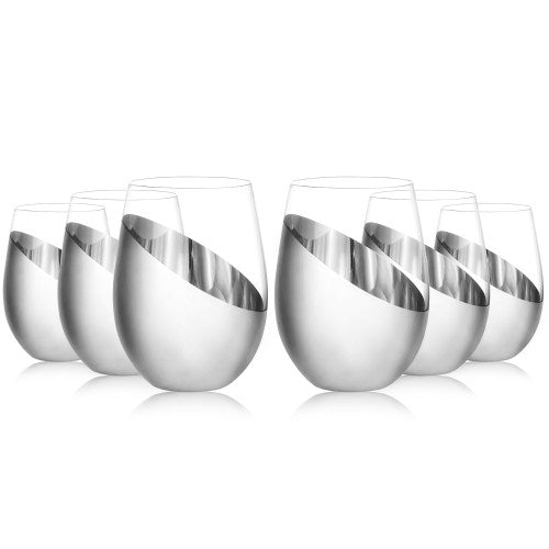 Modern Tilted Silver Stemless Wine Glasses, Set of 6-MyGift