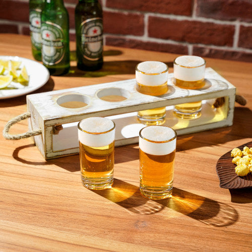 Whitewashed Wood Beer Tasting Flight Serving Caddy with Four 5 oz Sampler Glasses-MyGift