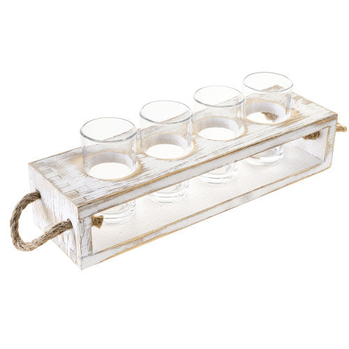 Whitewashed Wood Beer Tasting Flight Serving Caddy with Four 5 oz Sampler Glasses-MyGift