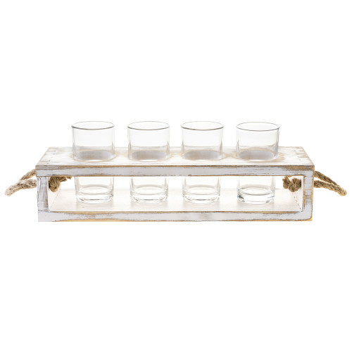 Whitewashed Wood Beer Tasting Flight Serving Caddy with Four 5 oz Sampler Glasses-MyGift