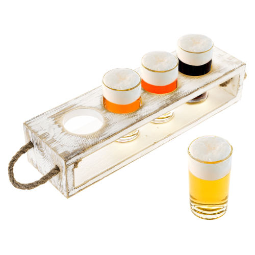 Whitewashed Wood Beer Tasting Flight Serving Caddy with Four 5 oz Sampler Glasses-MyGift