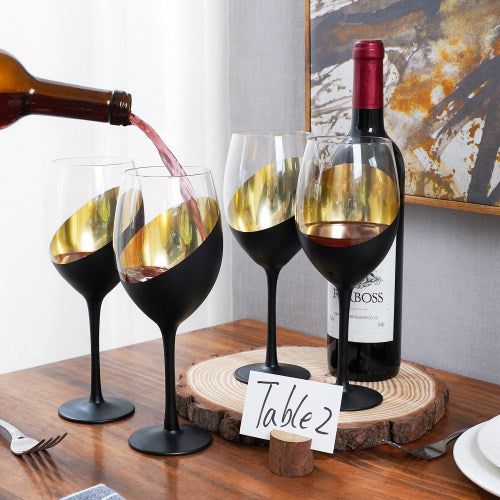 Modern Matte Black & Gold Stemmed Wine Glasses, Set of 4