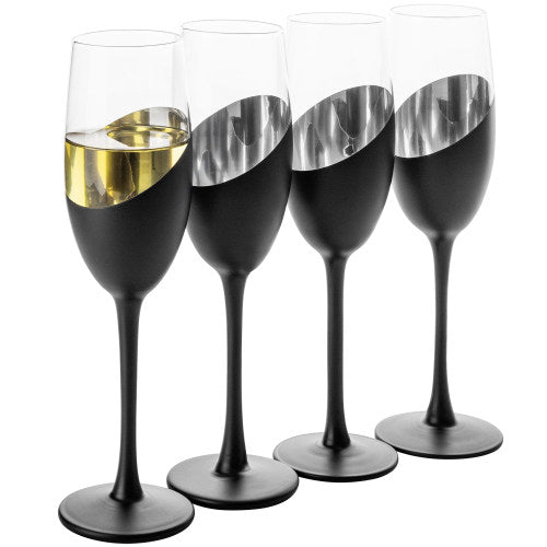 8 oz Stemmed Champagne Flute Glasses with Angled Matte Black Design and Silver Plated Internal Accent, Set of 4
