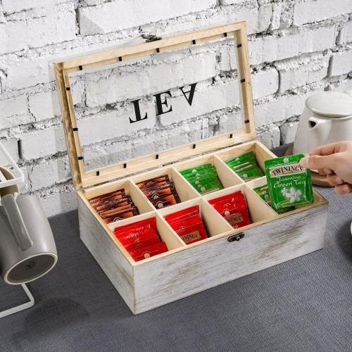 Whitewashed Wood Tea Box w/ Clear Acrylic Lid - MyGift