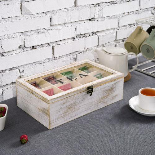 Whitewashed Wood Tea Box w/ Clear Acrylic Lid - MyGift
