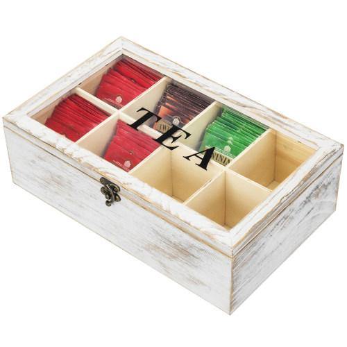 Whitewashed Wood Tea Box w/ Clear Acrylic Lid - MyGift