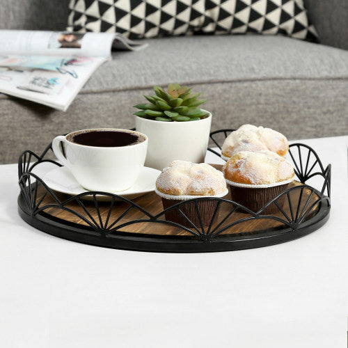 Burnt Wood Serving Tray w/ Black Metal Fan Rim-MyGift
