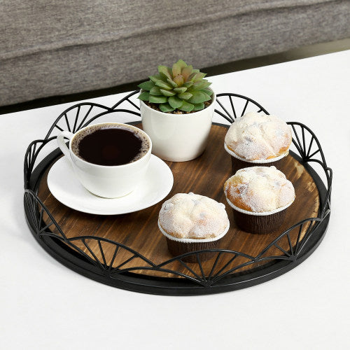 Burnt Wood Serving Tray w/ Black Metal Fan Rim-MyGift