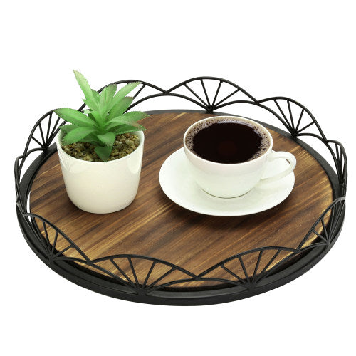 Burnt Wood Serving Tray w/ Black Metal Fan Rim-MyGift