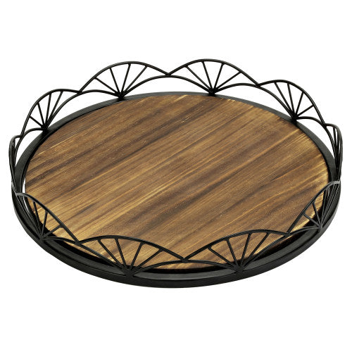 Burnt Wood Serving Tray w/ Black Metal Fan Rim-MyGift