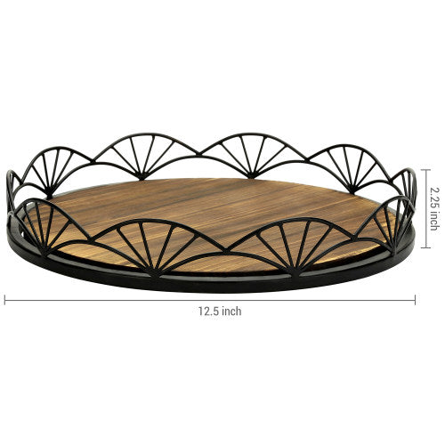 Burnt Wood Serving Tray w/ Black Metal Fan Rim-MyGift