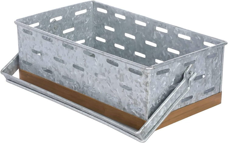 Galvanized Silver Metal Storage Basket with Handle & Copper Accent-MyGift