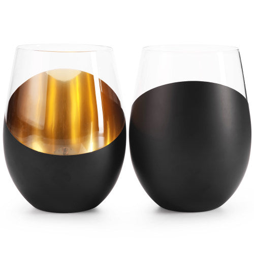 Matte Black & Gold Stemless Wine Glasses, Set of 6