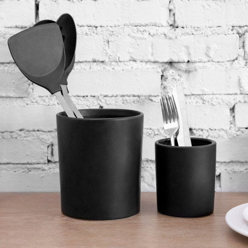 Black Ceramic Kitchen Crock Utensil Silverware Holder, Set of 2-MyGift