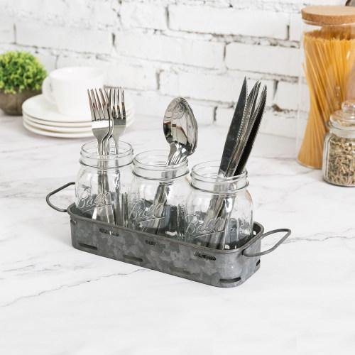 Galvanized Silver Metal Tray with 3 Glass Mason Jars - MyGift