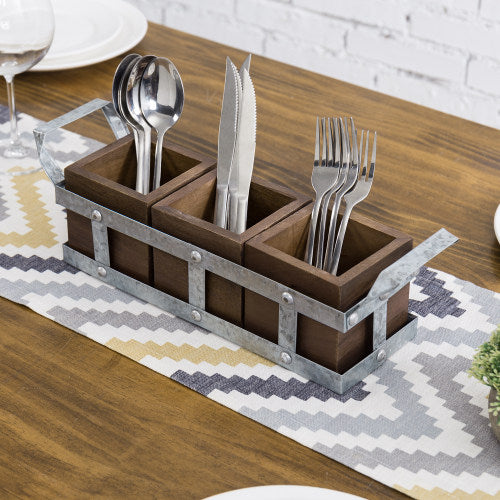 Galvanized Metal & Brown Mango Wood Utensils Holder-MyGift