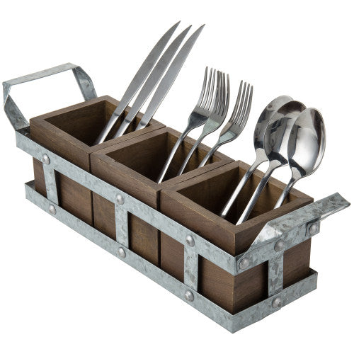 Galvanized Metal & Brown Mango Wood Utensils Holder-MyGift