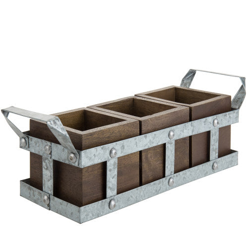 Galvanized Metal & Brown Mango Wood Utensils Holder-MyGift