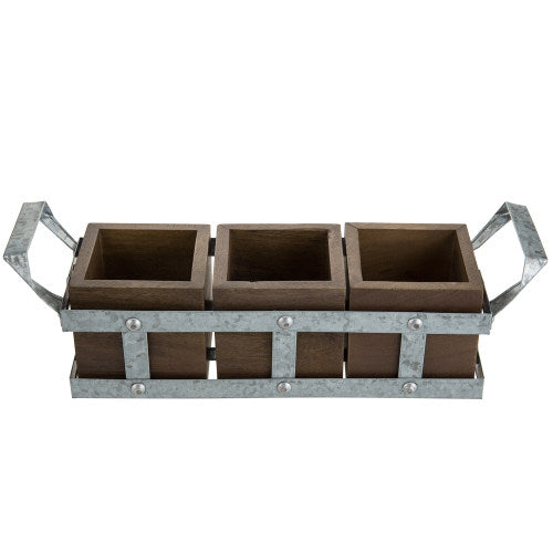 Galvanized Metal & Brown Mango Wood Utensils Holder-MyGift