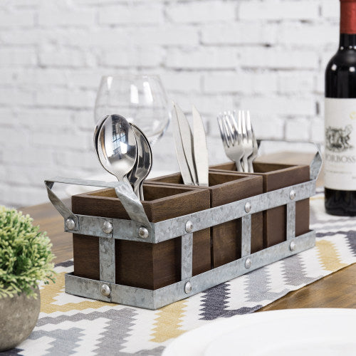 Galvanized Metal & Brown Mango Wood Utensils Holder-MyGift