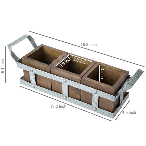 Galvanized Metal & Brown Mango Wood Utensils Holder-MyGift