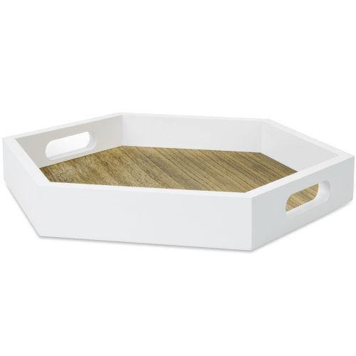Hexagonal White and Rustic Burnt Wood Tray - MyGift