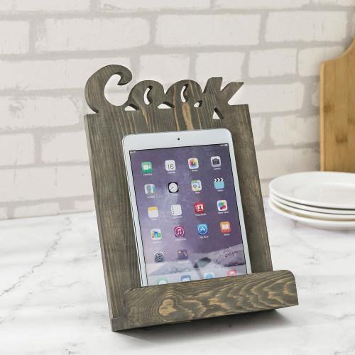 Gray Wood Cookbook & Tablet Holder w/ Cutout Letters - MyGift