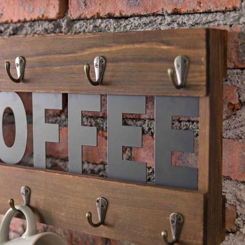 Dark Brown Burnt Wood Mug Holder Rack w/ Black Metal Cutout Letters, Set of 2 - MyGift