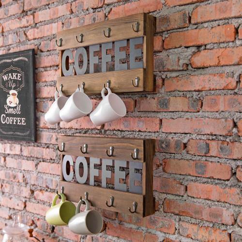 Dark Brown Burnt Wood Mug Holder Rack w/ Black Metal Cutout Letters, Set of 2 - MyGift