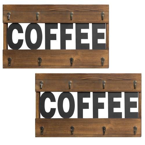 Dark Brown Burnt Wood Mug Holder Rack w/ Black Metal Cutout Letters, Set of 2 - MyGift