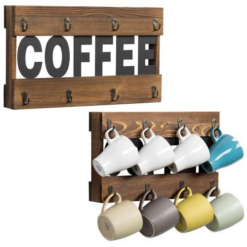 Dark Brown Burnt Wood Mug Holder Rack w/ Black Metal Cutout Letters, Set of 2 - MyGift