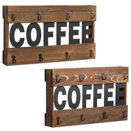 Dark Brown Burnt Wood Mug Holder Rack w/ Black Metal Cutout Letters, Set of 2 - MyGift