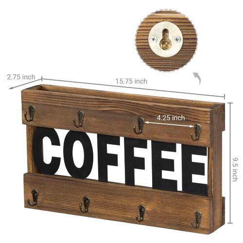 Dark Brown Burnt Wood Mug Holder Rack w/ Black Metal Cutout Letters, Set of 2 - MyGift