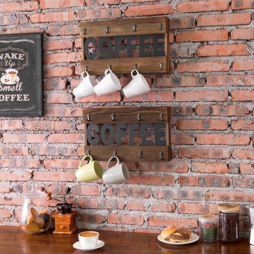 Dark Brown Burnt Wood Mug Holder Rack w/ Black Metal Cutout Letters, Set of 2 - MyGift