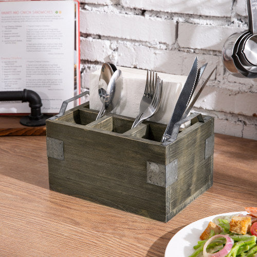 Vintage Reclaimed Style Gray Wood Utensil and Napkin Holder w/ Galvanized Metal Accents-MyGift