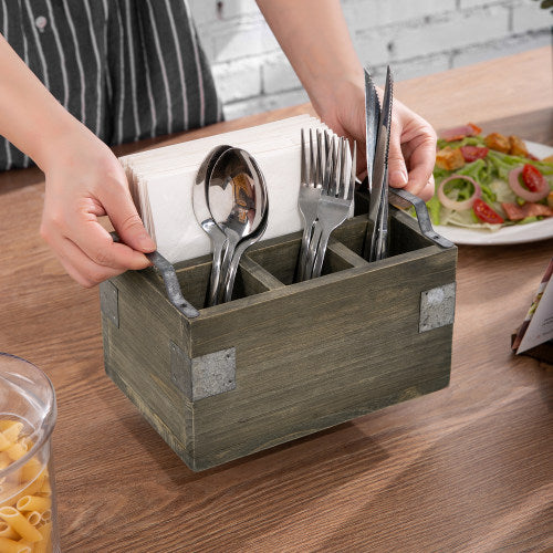 Vintage Reclaimed Style Gray Wood Utensil and Napkin Holder w/ Galvanized Metal Accents-MyGift