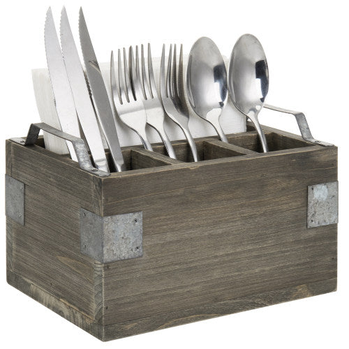 Vintage Reclaimed Style Gray Wood Utensil and Napkin Holder w/ Galvanized Metal Accents-MyGift