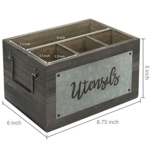 Dark Gray Wood and Galvanized Metal Utensil Holder-MyGift
