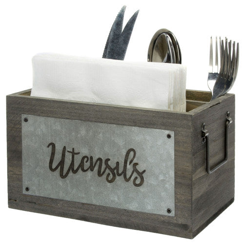 Dark Gray Wood and Galvanized Metal Utensil Holder-MyGift