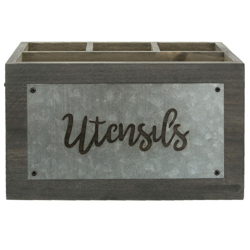 Dark Gray Wood and Galvanized Metal Utensil Holder-MyGift