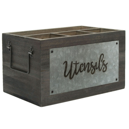 Dark Gray Wood and Galvanized Metal Utensil Holder-MyGift