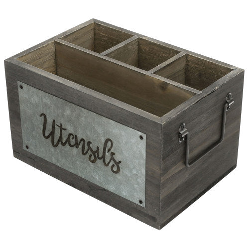 Dark Gray Wood and Galvanized Metal Utensil Holder-MyGift