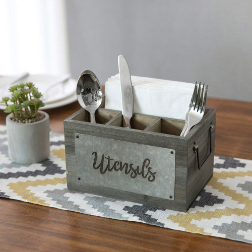 Dark Gray Wood and Galvanized Metal Utensil Holder-MyGift