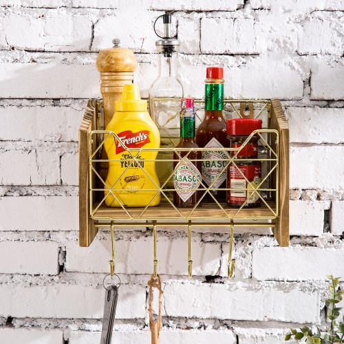 Modern Brass-Tone Wire and Burnt Wood Kitchen Shelf w/ Hooks - MyGift