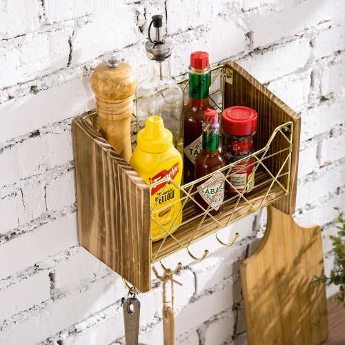 Modern Brass-Tone Wire and Burnt Wood Kitchen Shelf w/ Hooks - MyGift