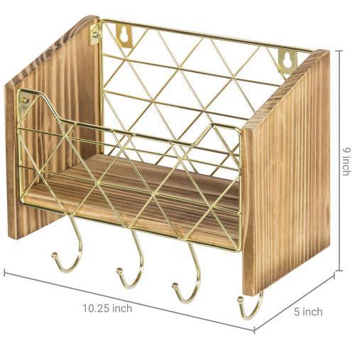 Modern Brass-Tone Wire and Burnt Wood Kitchen Shelf w/ Hooks - MyGift