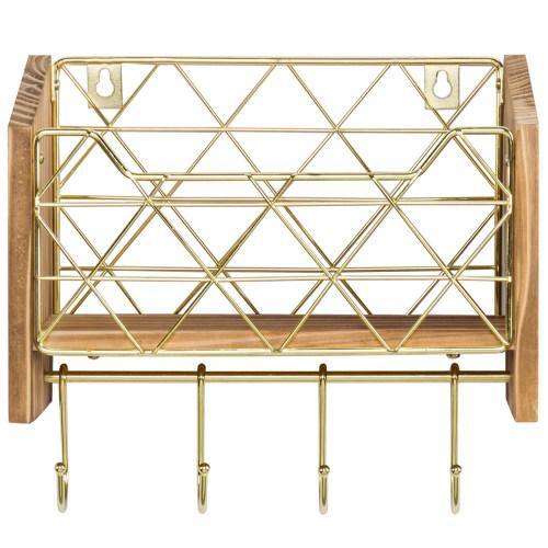 Modern Brass-Tone Wire and Burnt Wood Kitchen Shelf w/ Hooks - MyGift