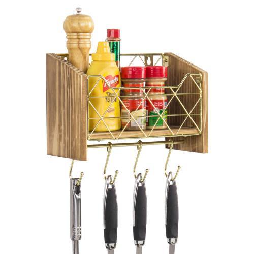 Modern Brass-Tone Wire and Burnt Wood Kitchen Shelf w/ Hooks - MyGift