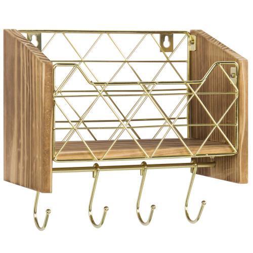 Modern Brass-Tone Wire and Burnt Wood Kitchen Shelf w/ Hooks - MyGift