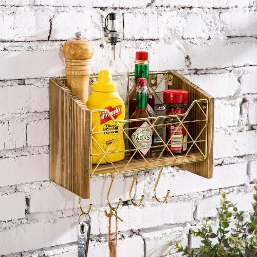 Modern Brass-Tone Wire and Burnt Wood Kitchen Shelf w/ Hooks - MyGift